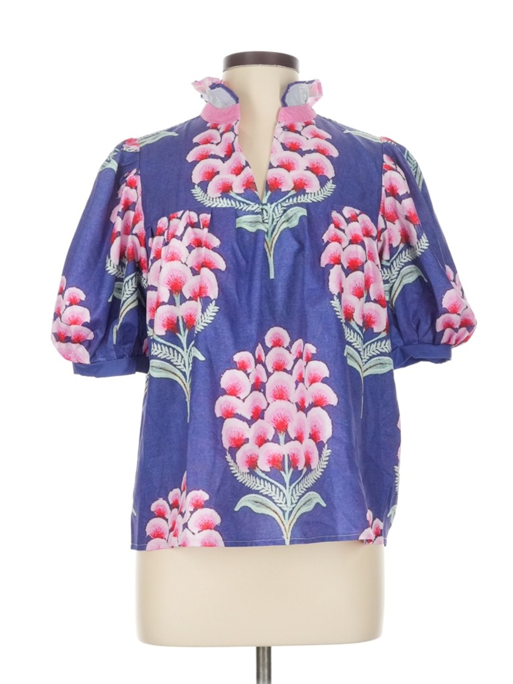 Purple Floral Puff-Sleeve Blouse with Ruffled Collar